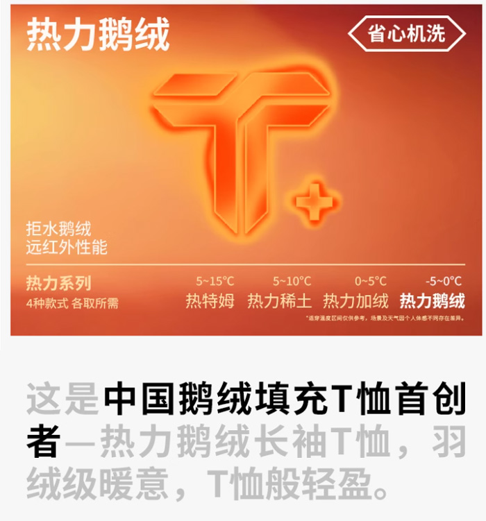 可机洗鹅绒T恤 拇指白小T羽绒长袖热力加绒保暖上衣 