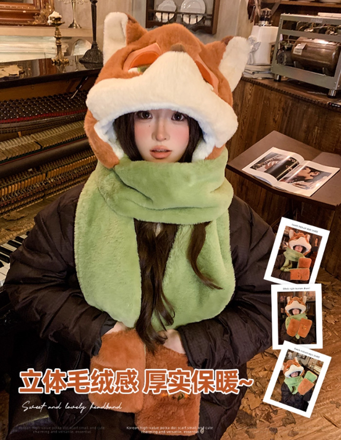 尼克朱迪毛绒帽子围巾 疯狂动物城加绒连帽围脖三件套