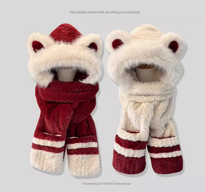 可爱小熊拼色毛绒帽子围巾手套一体