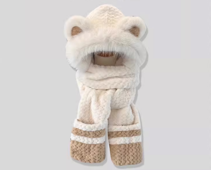 可爱小熊拼色毛绒帽子围巾手套一体