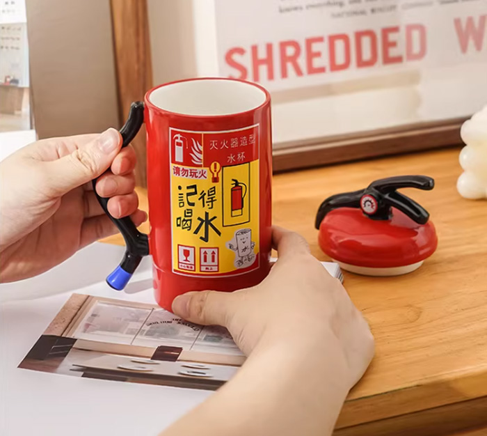 网红灭火器造型水杯 稀奇古怪的带盖陶瓷马克杯
