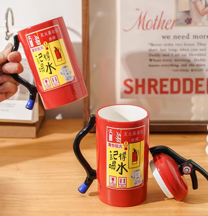 网红灭火器造型水杯 稀奇古怪的带盖陶瓷马克杯