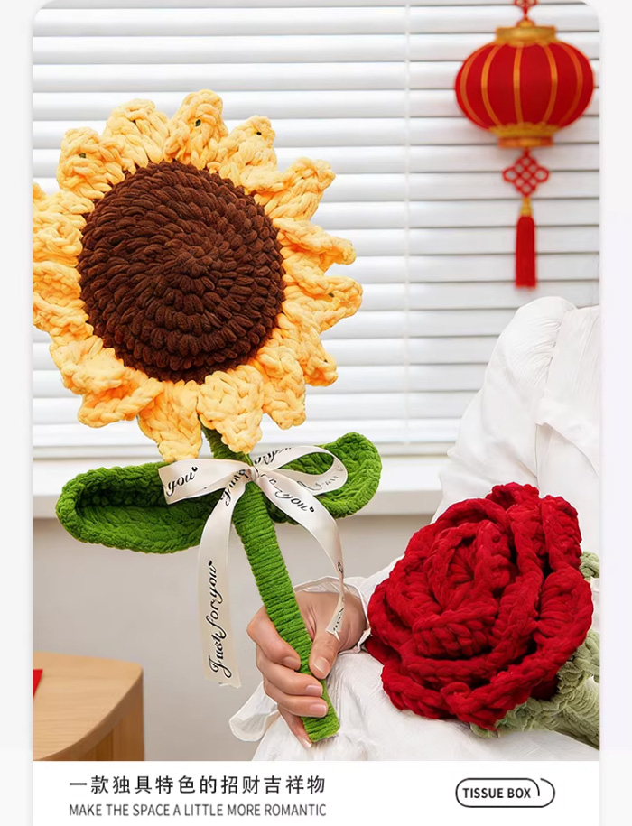 手工编织毛线巨大号红色玫瑰花束 