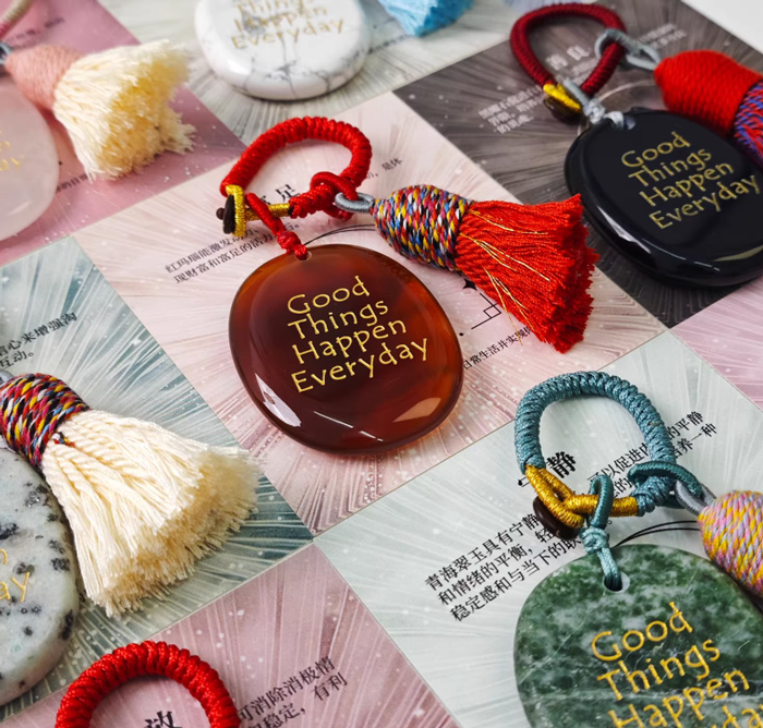 好事发生天然水晶掌心石钥匙扣 正能量解压石手工车挂包 