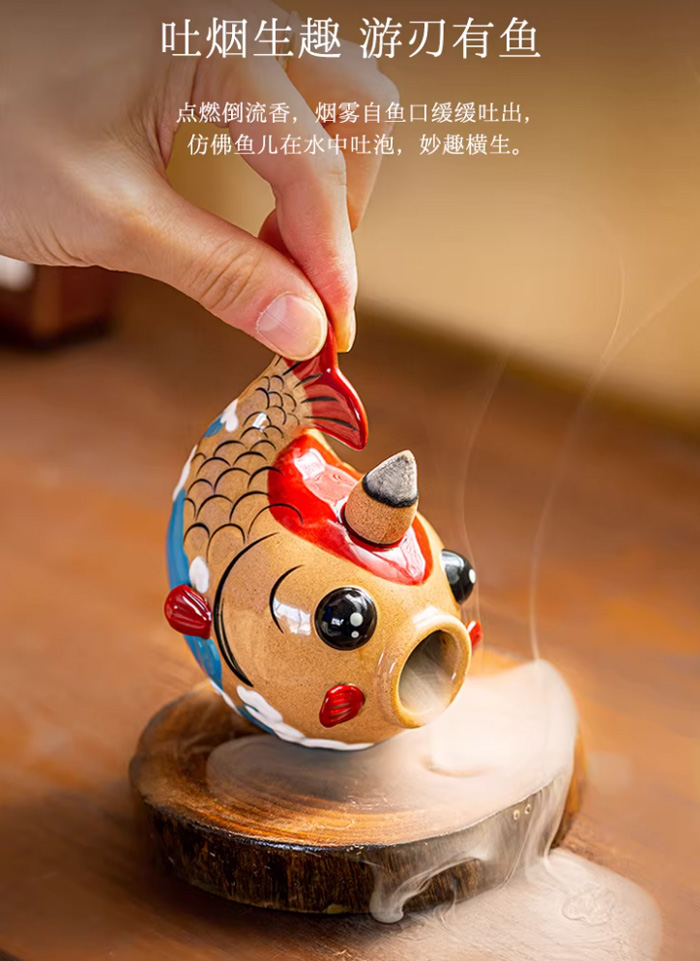 年年有鱼摆件情绪稳定不倒翁桌面倒流香炉 