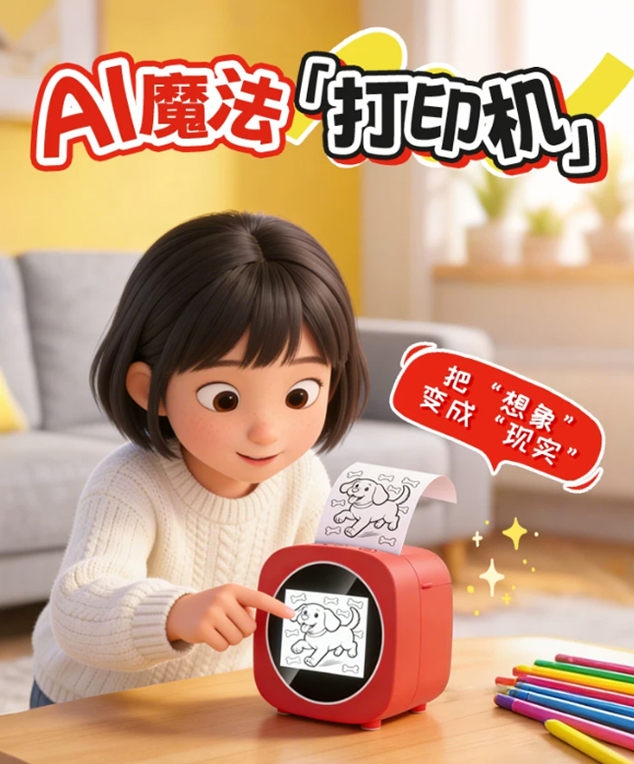 AI儿童打印机语音互动 贴纸图画早教智能魔法玩具