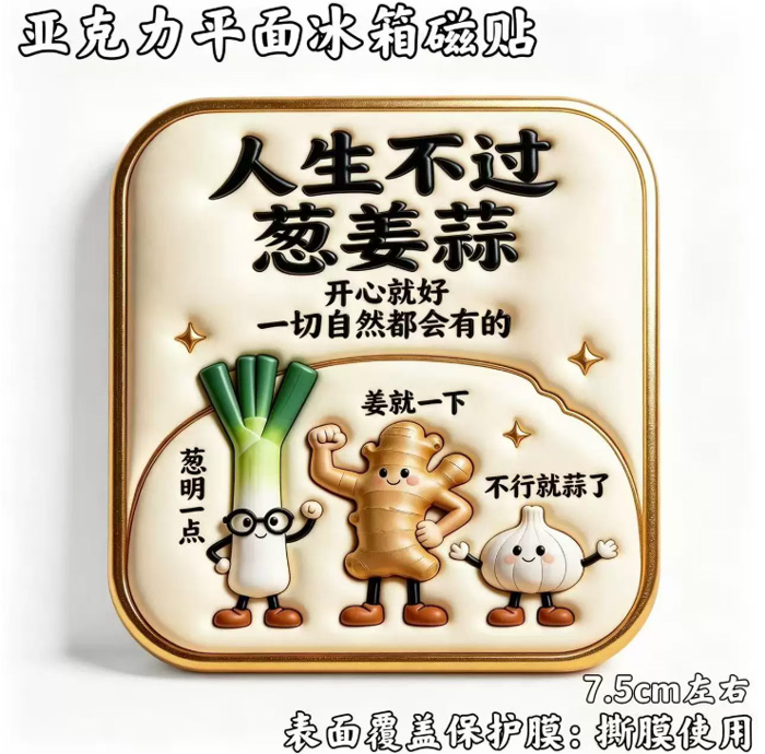人生不过葱姜蒜亚克力平面磁吸冰箱贴 磁吸贴文创纪念品