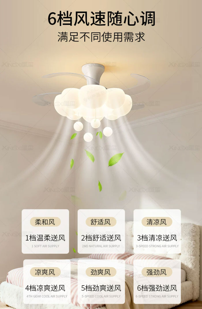 全光谱儿童房云朵隐形风扇灯护眼吸顶灯