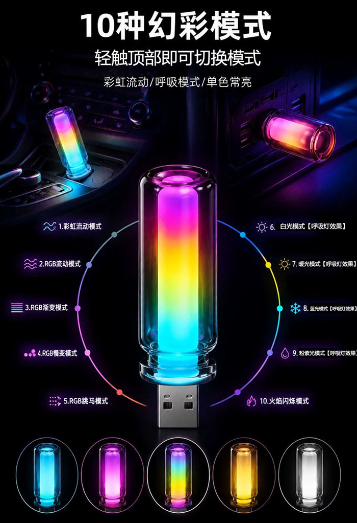 玻璃瓶幻彩氛围灯 LED七彩渐变照明 电竞房卧室车载装饰氛围灯